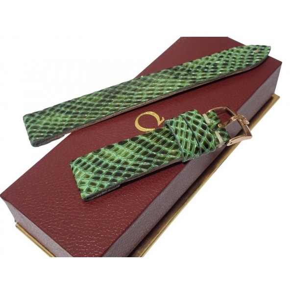 Omega Kutu Omega Deri Kordon Omega Toka Set Yeşil Yılan Derisi Baskı El Yapımı Deri Kordon
