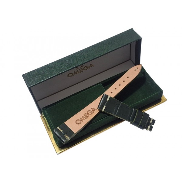 Premium Seri Omega Kutu Omega Deri Kordon Haki Yeşil Kroko Baskı 20x16mm Deri Kordon